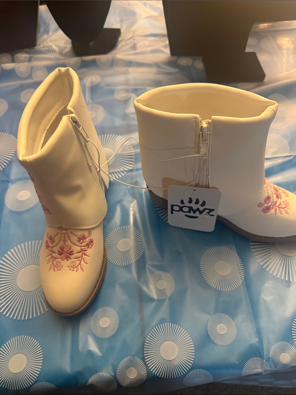 PAWZ Cream Kids Boots with Pink Embroidery